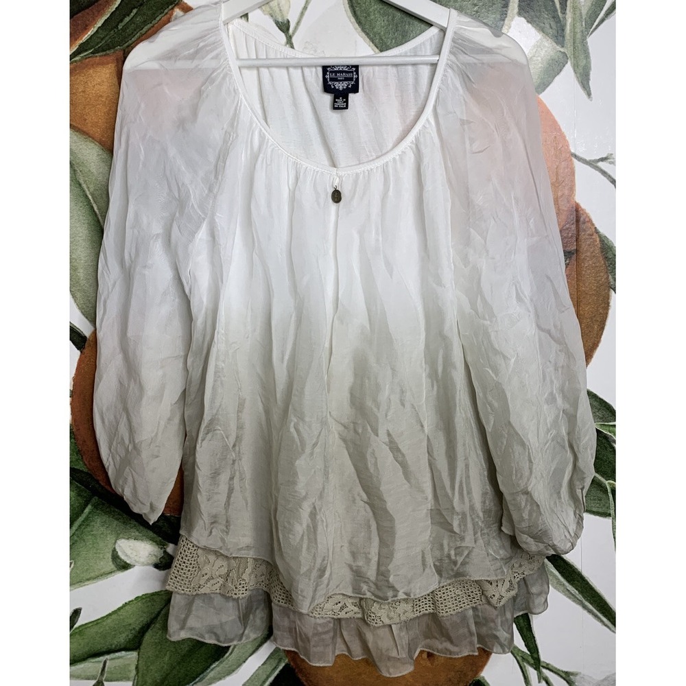 Le Marais Medium Blouse Ombre Gray Ruffle Hem 3/4 Sleeves Boho Made In Italy